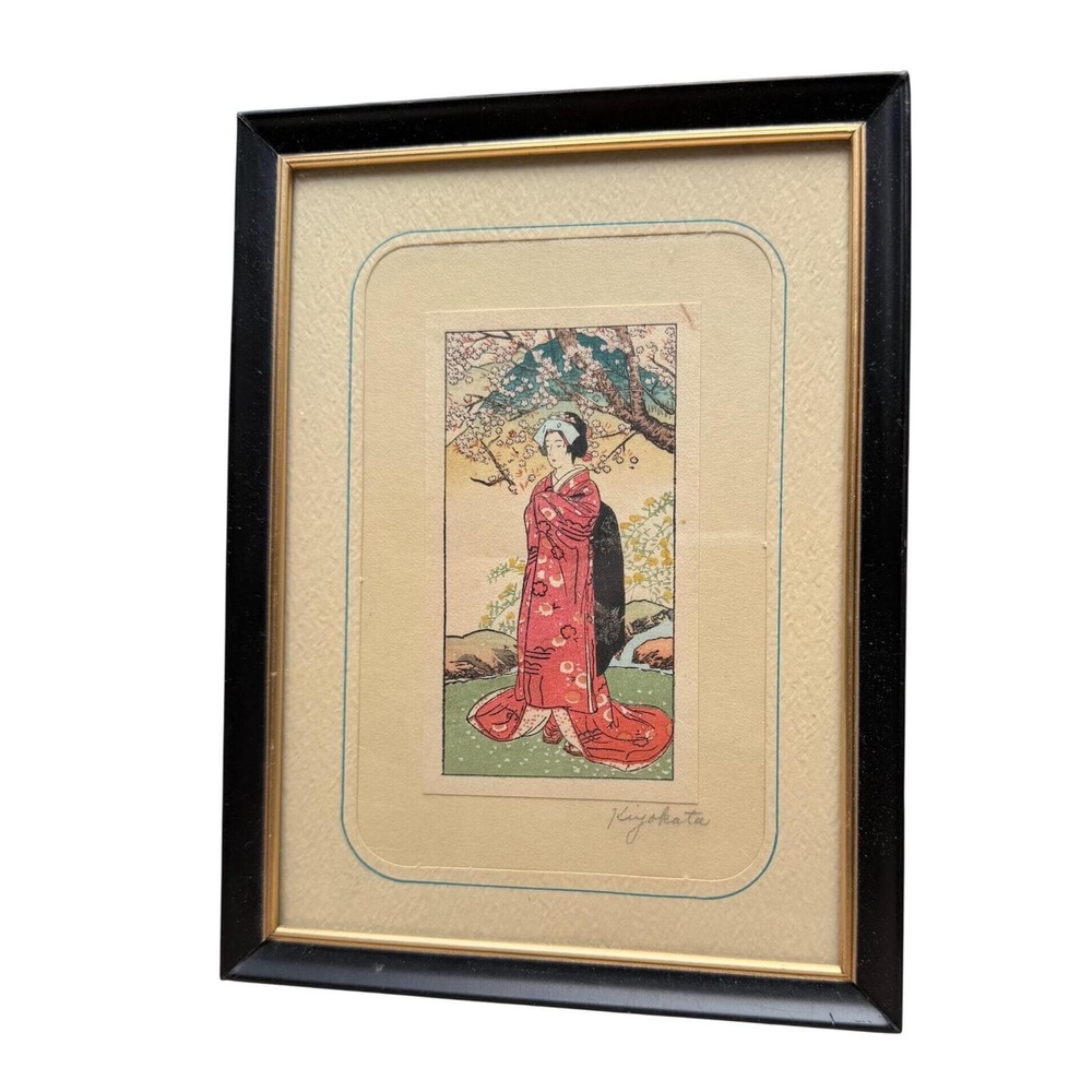 Kaburaki Kiyokata Nihonga Woodblock Style Bijin-ga Print: Woman in Pink Kimono